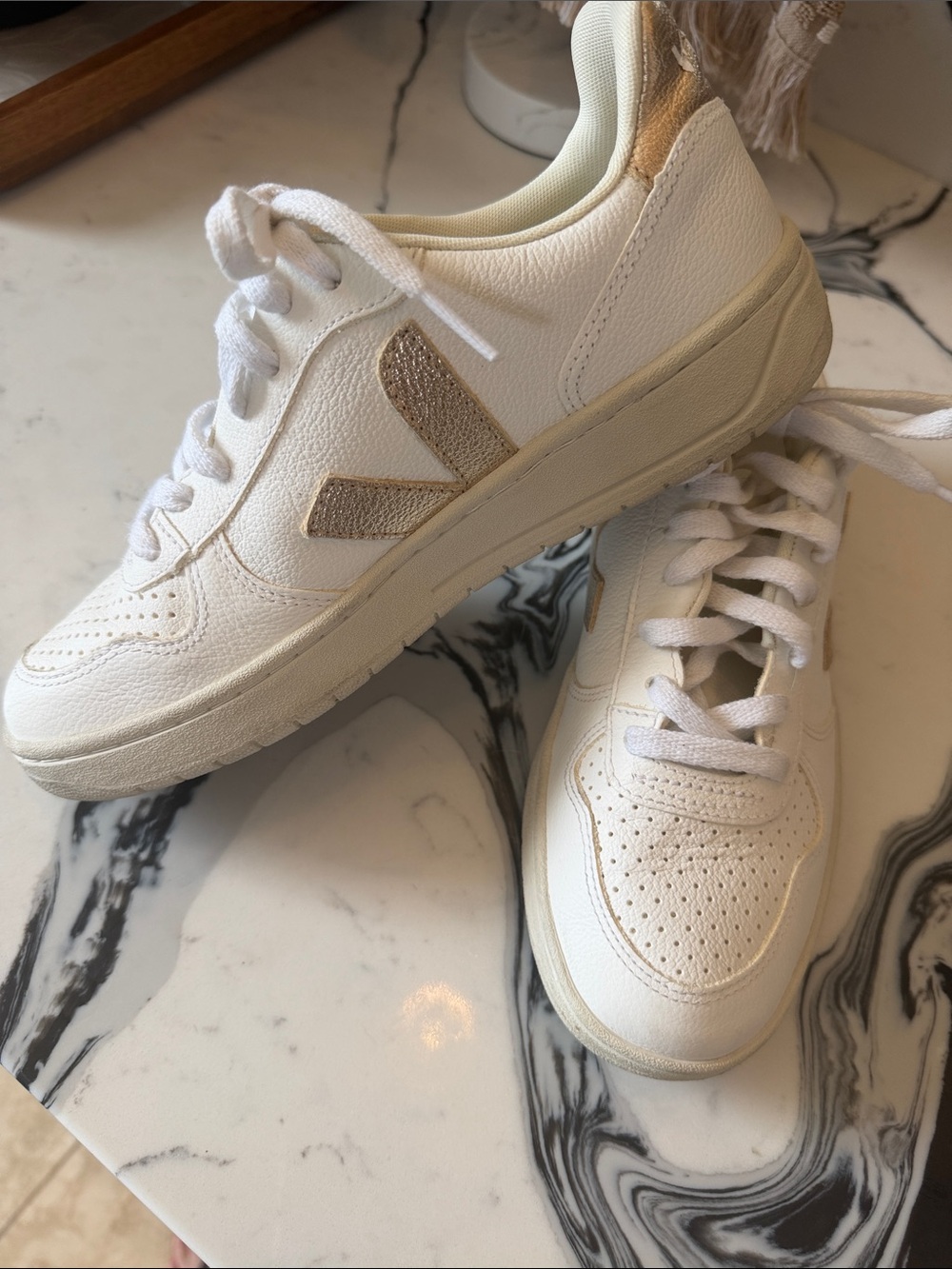 Veja White Sneakers with Gold V Detail